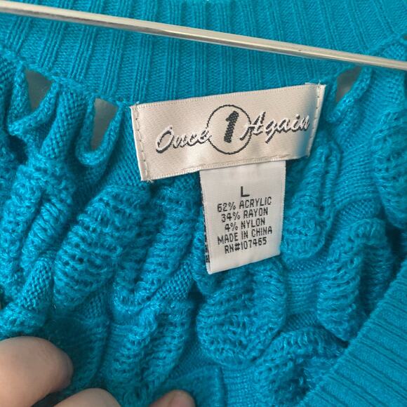 Once Again Size Large Teal Puffy Textured Short Sleeve Sweater - Picture 4 of 5